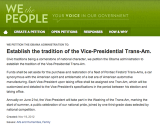 Illustration for article titled Citizens Demand The White House Give The Veep A Fleet Of Bitchin' Trans-Ams
